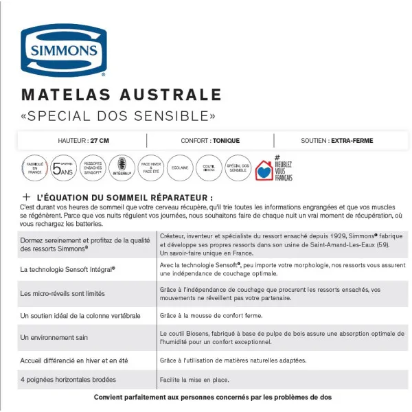 Matelas à ressorts SIMMONS Australe 27cm soutien extra-ferme accueil tonique - 9 tailles