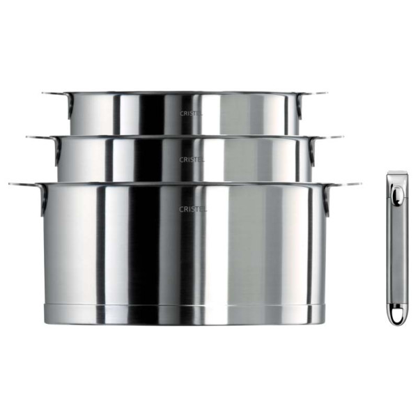 Set batterie de 3 casseroles Cristel Strate + 1 poignée Zénith amovible