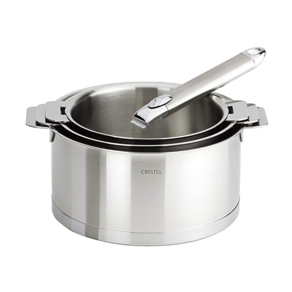 Set batterie de 3 casseroles Cristel Strate + 1 poignée Zénith amovible