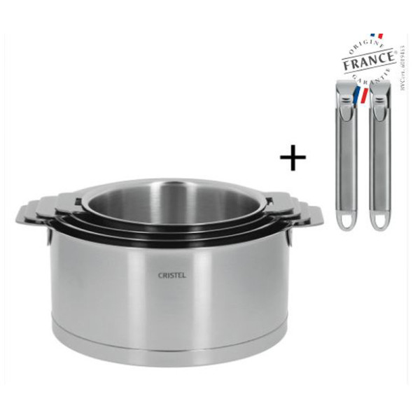 Set batterie de 4 casseroles Cristel Strate + 2 poignées Zénith amovible