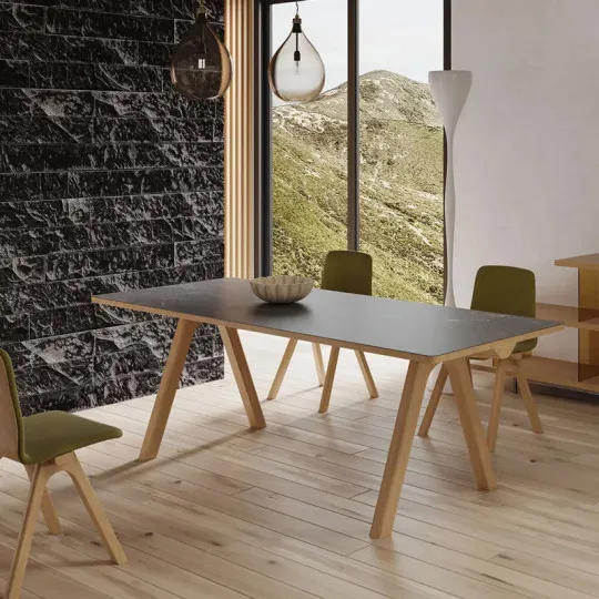 Table à manger extensible DASRAS Chevron céramique bois chêne ou noyer - 10 finitions 8 tailles