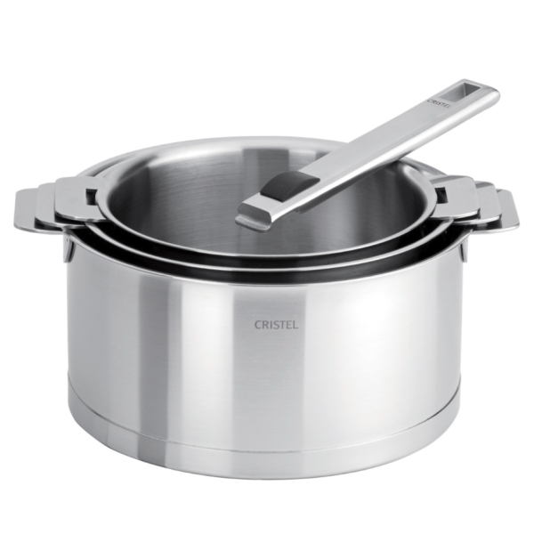 Set batterie de 3 casseroles Cristel Strate + 1 poignée Strate Inox