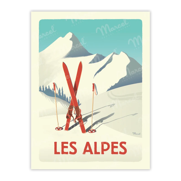 Affiche MARCEL TRAVEL POSTERS Les Alpes Les skis rouges format 30x40cm